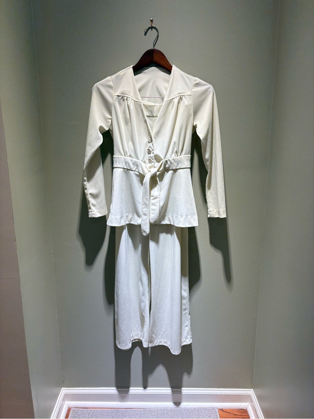 Vintage 70s Homemade Ivory Jersey Pant Suit - Wrap Tie Belt, Wide Leg - XS/S